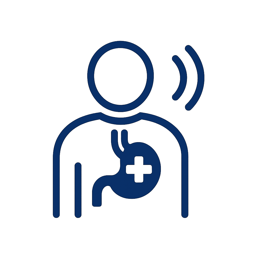 Blue icon of a person with a stomach and sound waves.