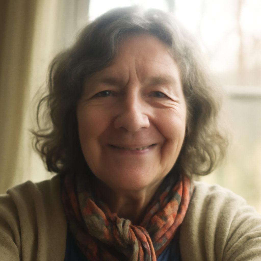 Smiling person with curly hair and a scarf, indoors near a window.