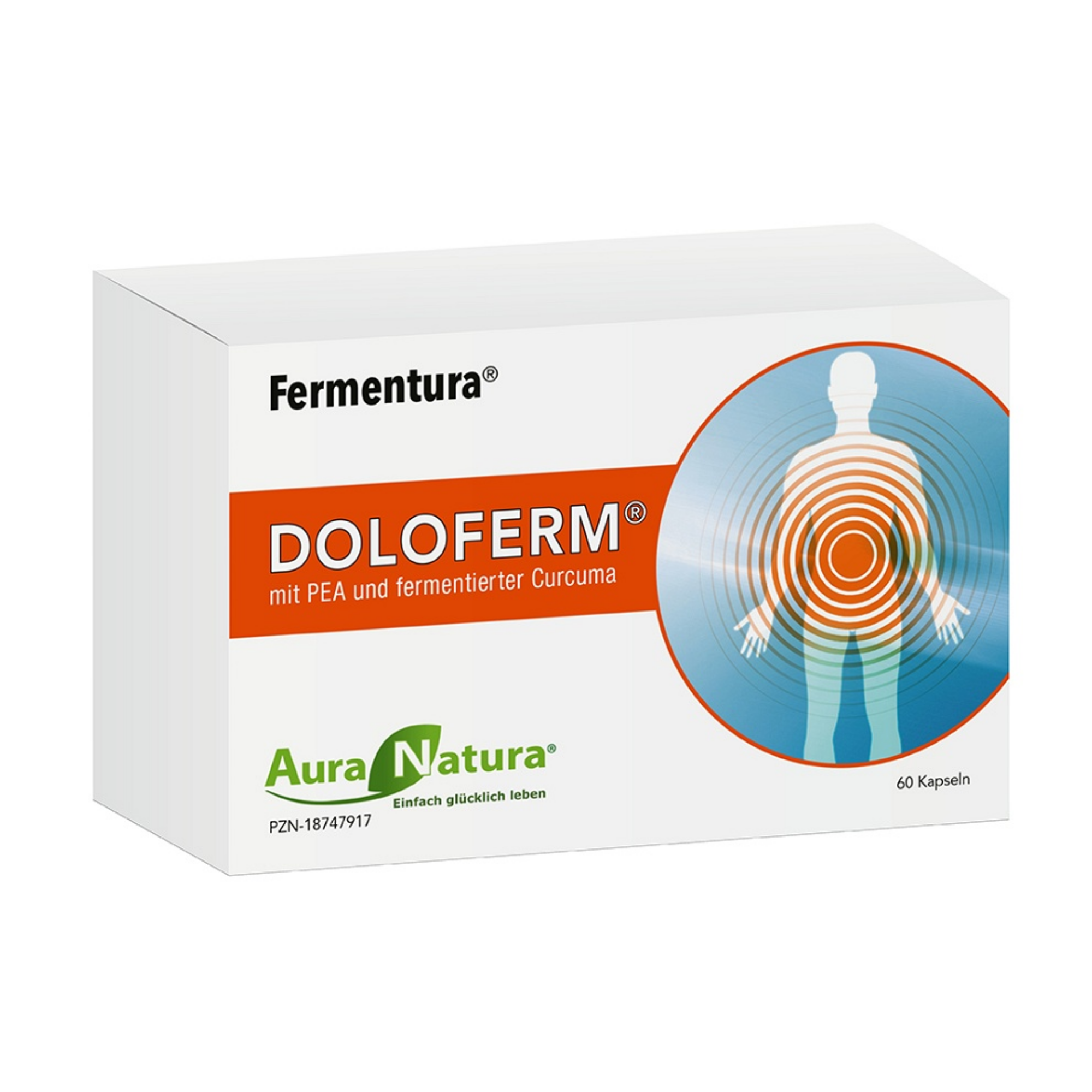 Box of Doloferm capsules with human silhouette and concentric circles.