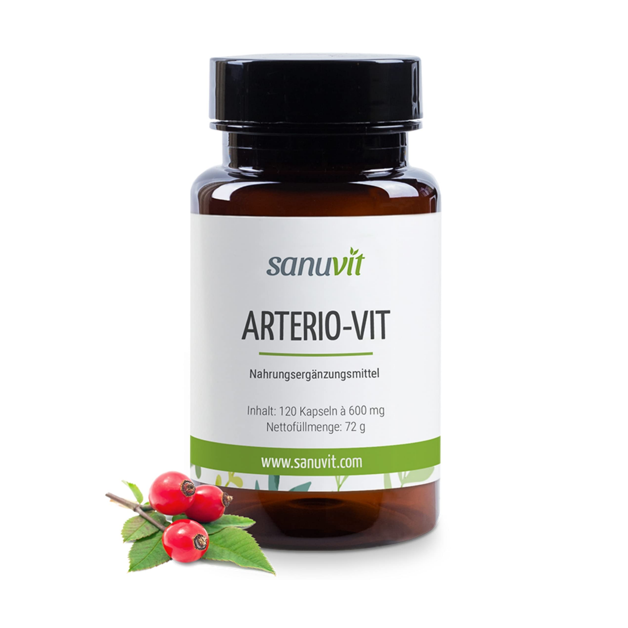 Brown bottle labeled 'Arterio-Vit' with red berries and leaves beside it.