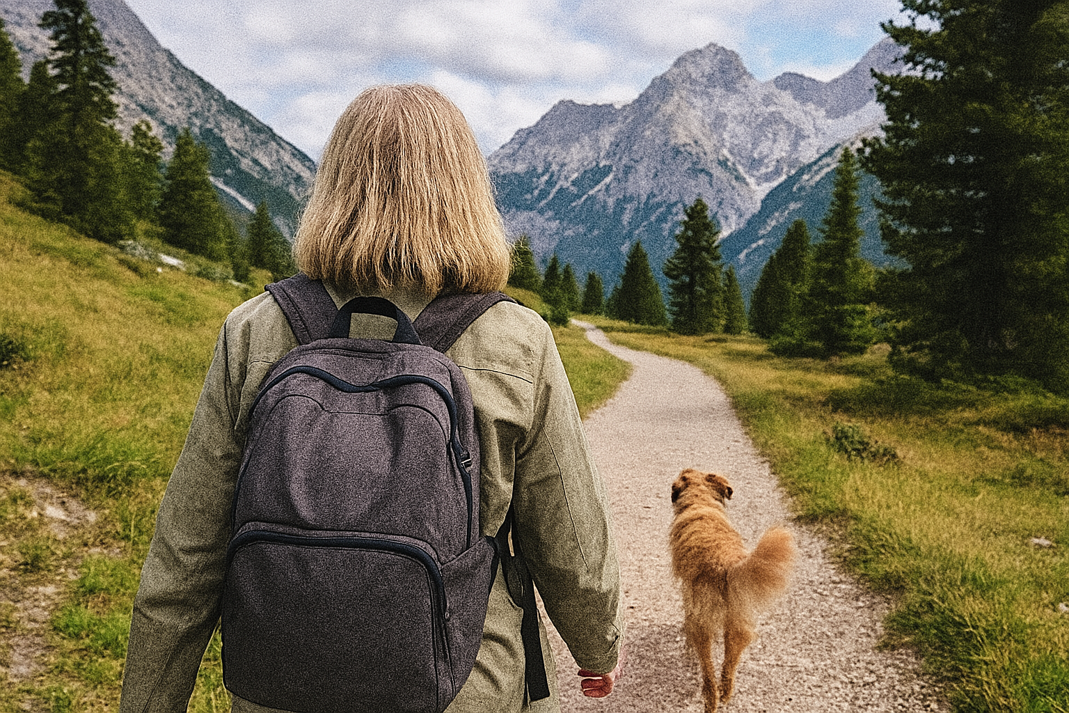 Person with backpack and dog walking on mountain path.