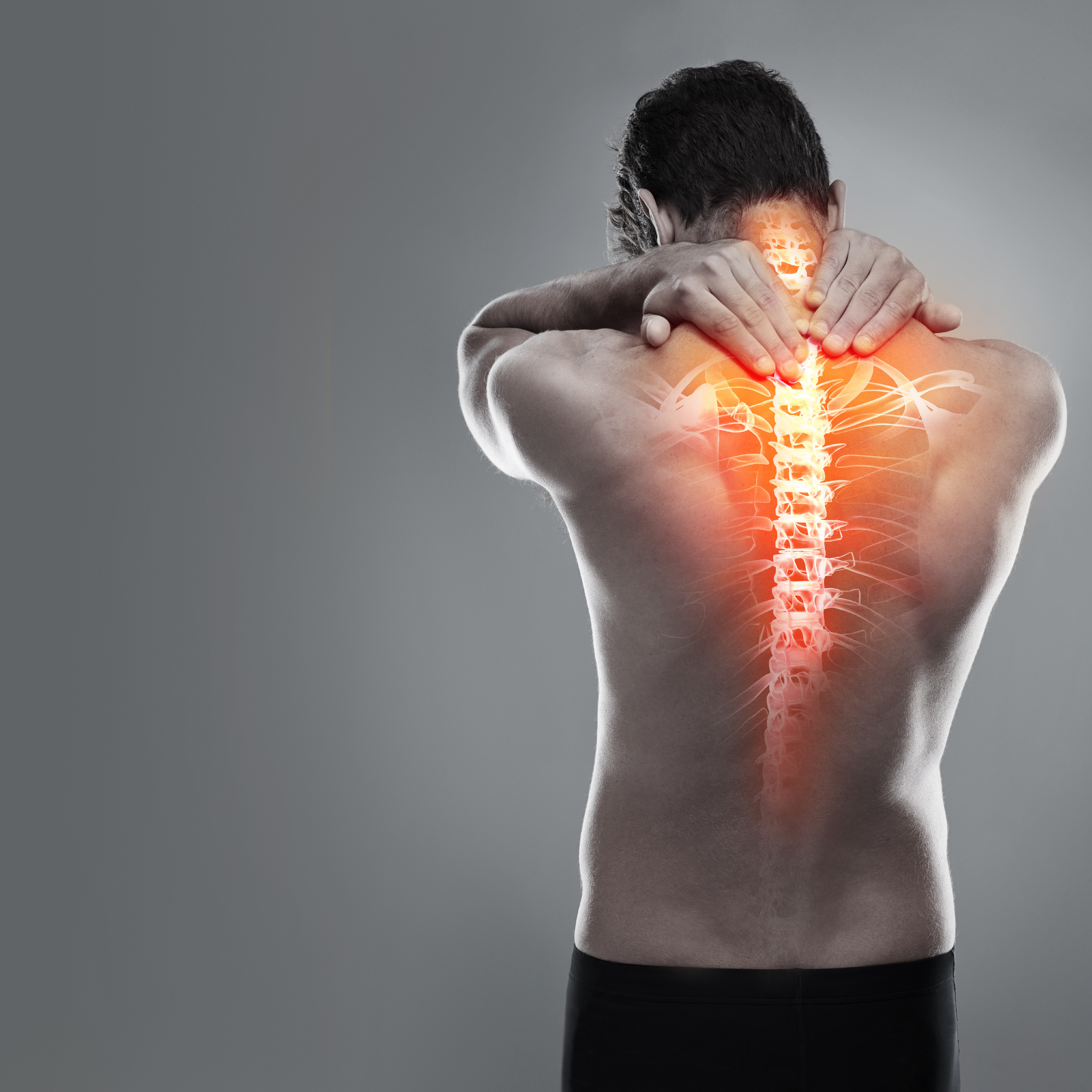 Man holding neck with highlighted spine, indicating pain.