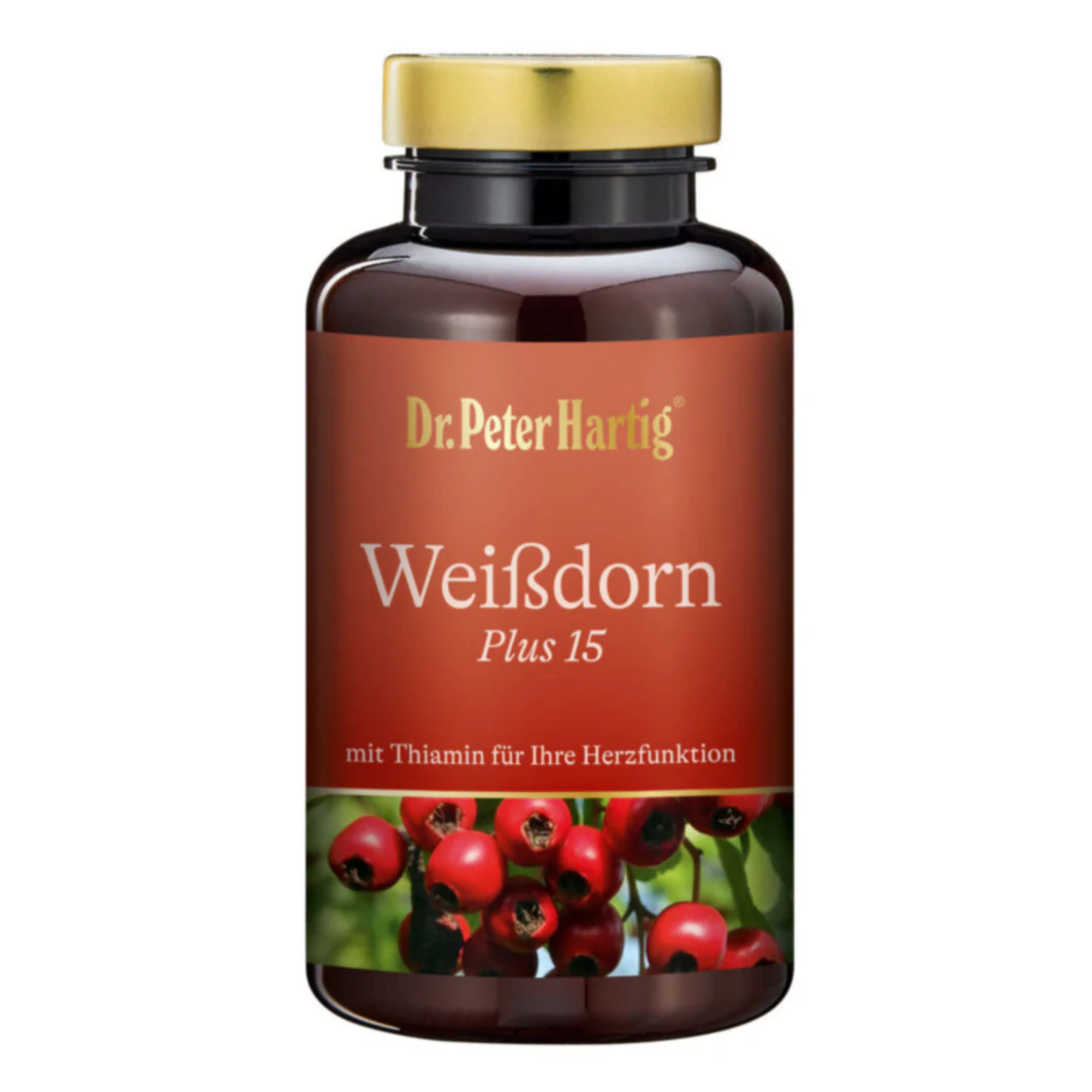 Brown bottle labeled 'Weißdorn Plus 15' with red berries image.