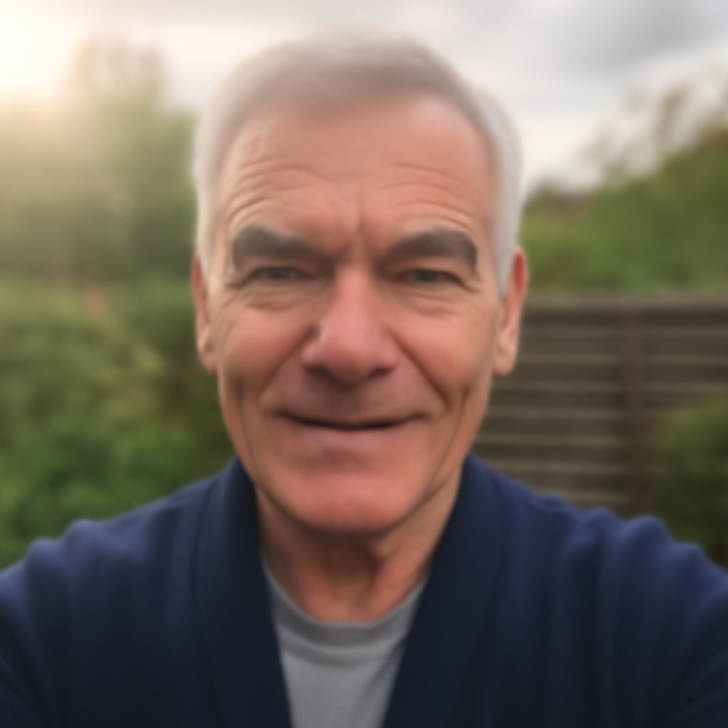 Smiling man taking a selfie outdoors with greenery in the background.