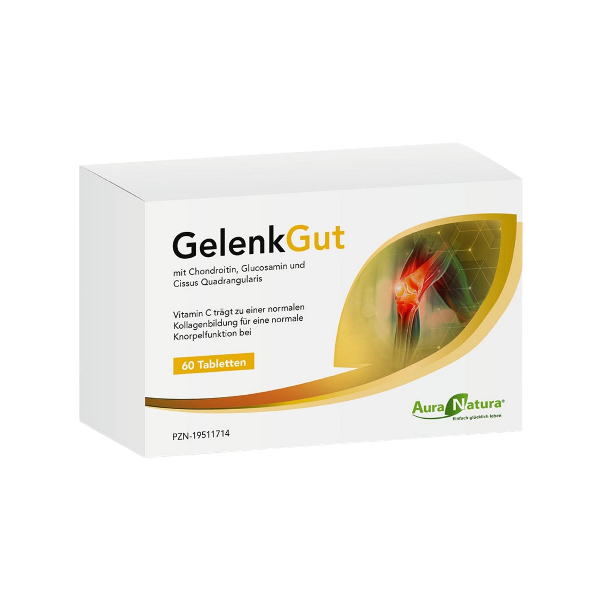 Box of GelenkGut tablets with joint illustration on packaging.