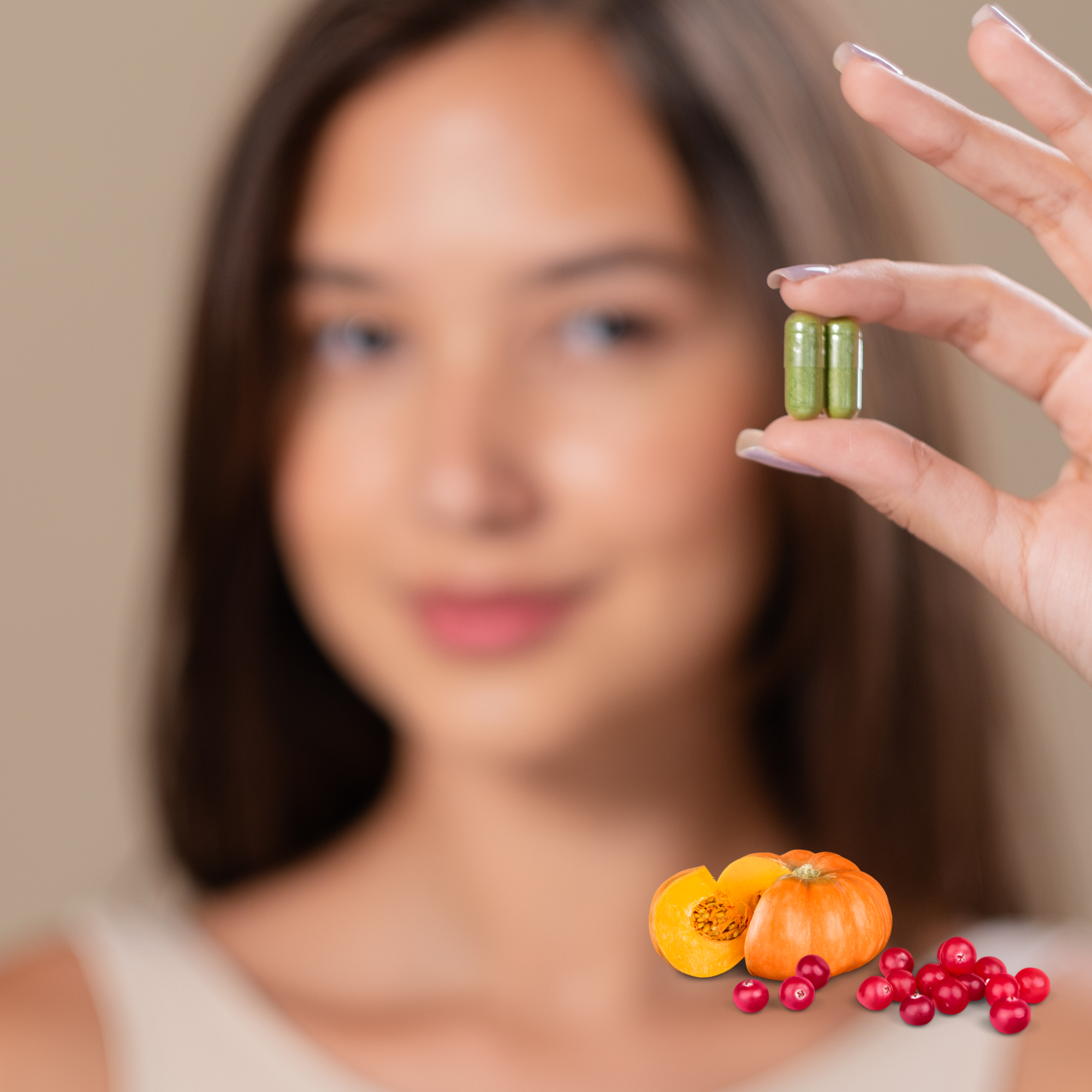 Person holding green capsules with pumpkin and berries in foreground.