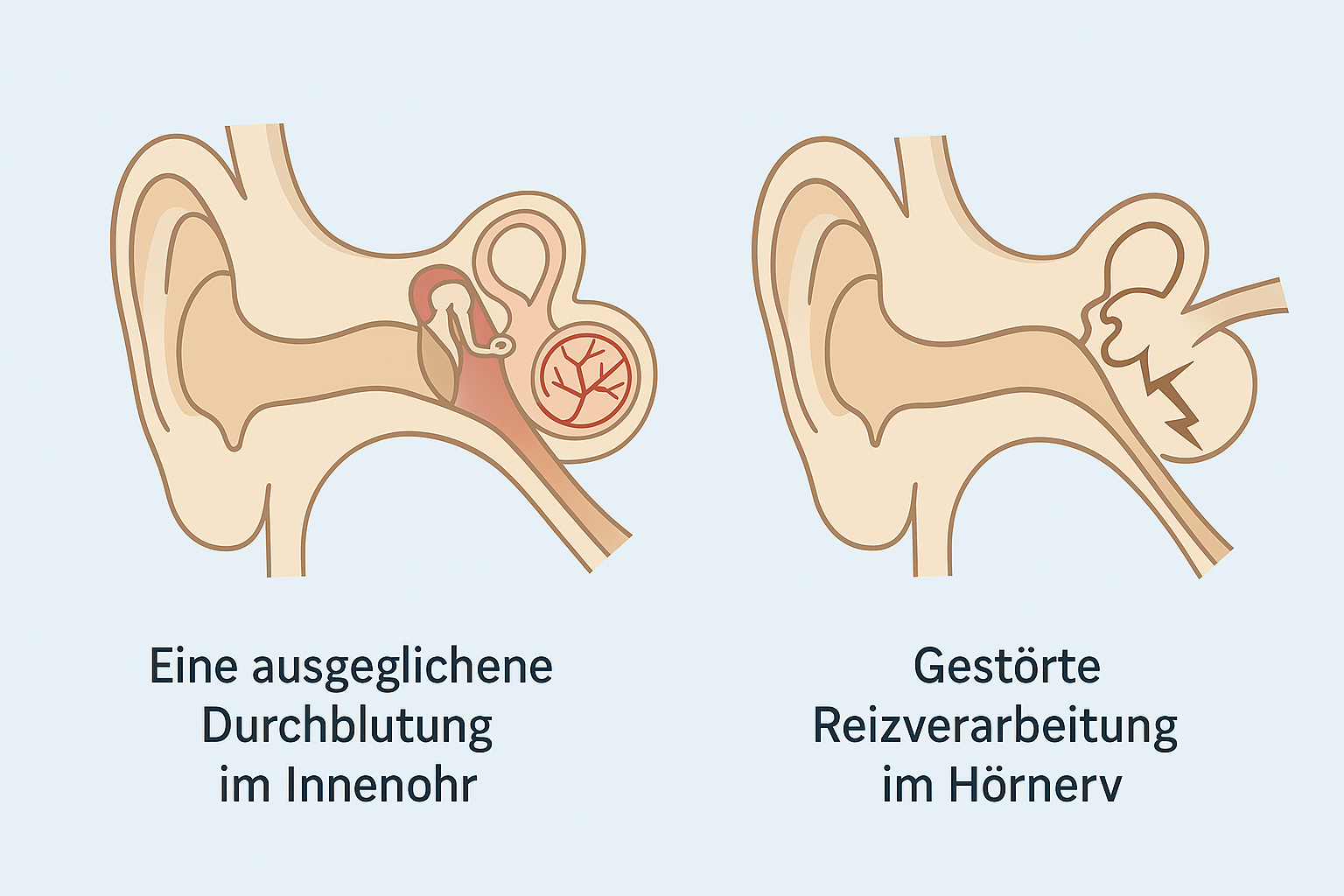 Diagram of inner ear showing blood flow and nerve processing issues.