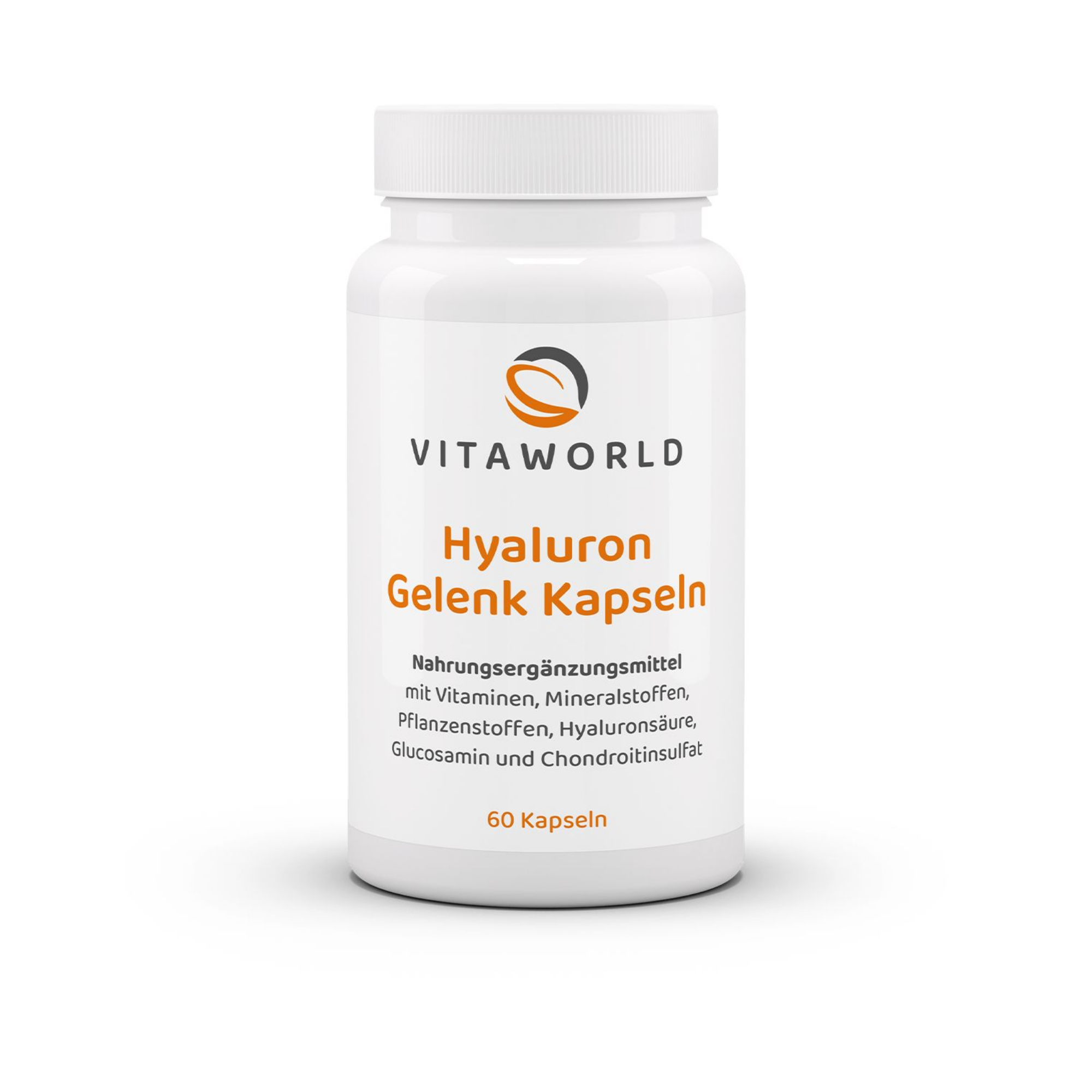 White bottle labeled 'VITAWORLD Hyaluron Gelenk Kapseln' with 60 capsules.