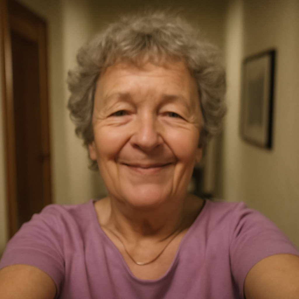 Smiling person with short gray hair wearing a purple shirt indoors.