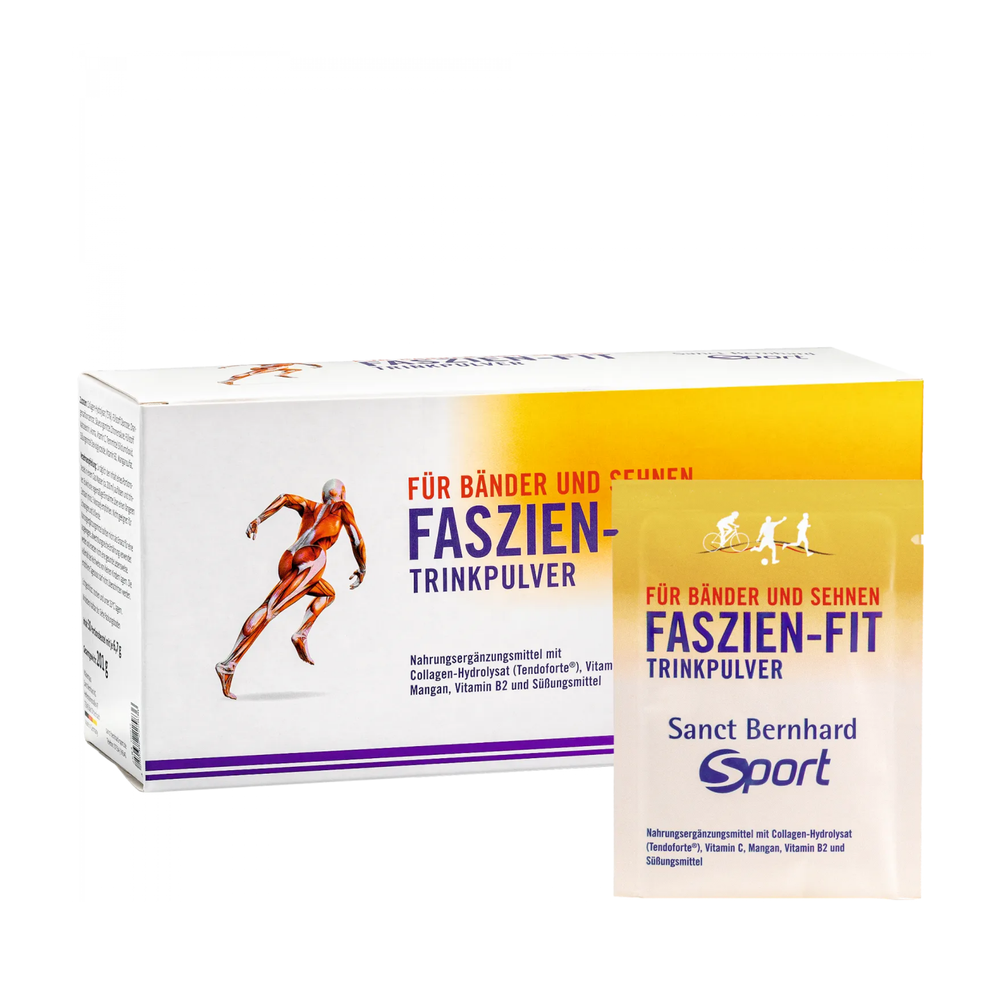Box and sachet of Faszien-Trinkpulver supplement with athletic imagery.