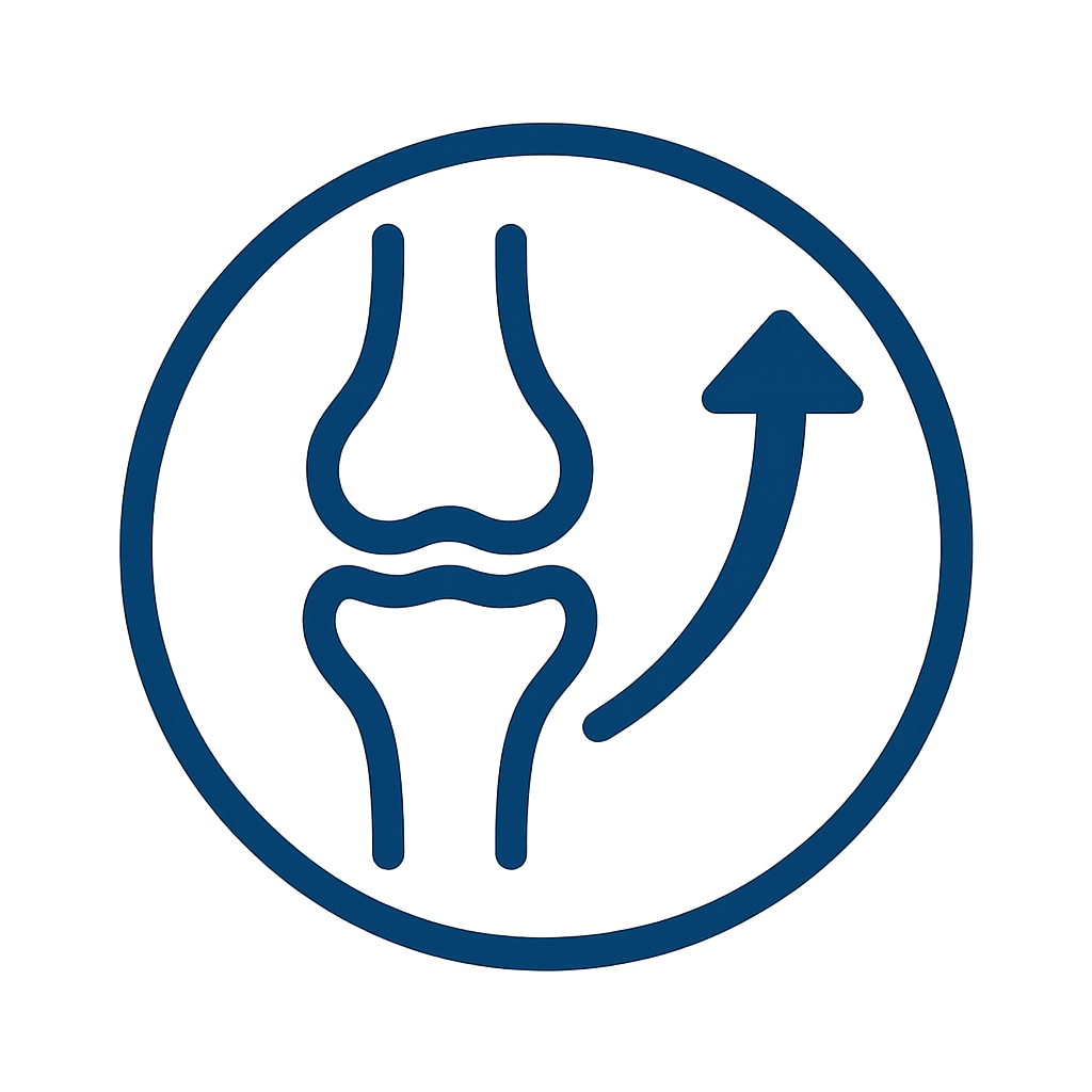 Blue icon of a knee joint with an upward arrow.