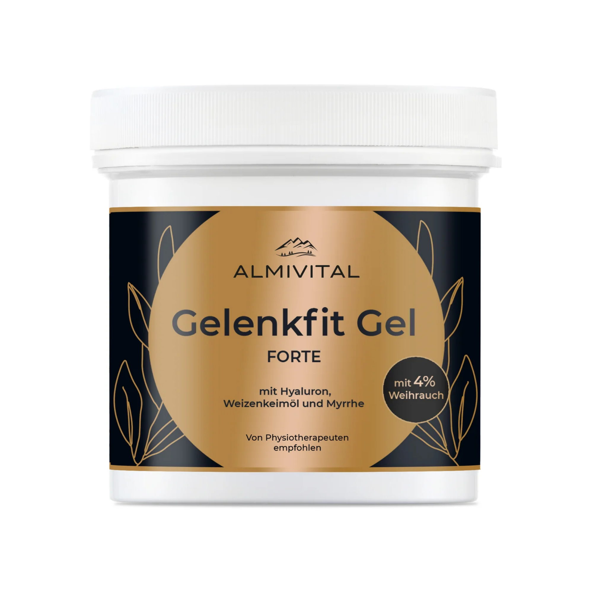 Container of Almivital Gelenkfit Gel Forte with a white lid and gold label.
