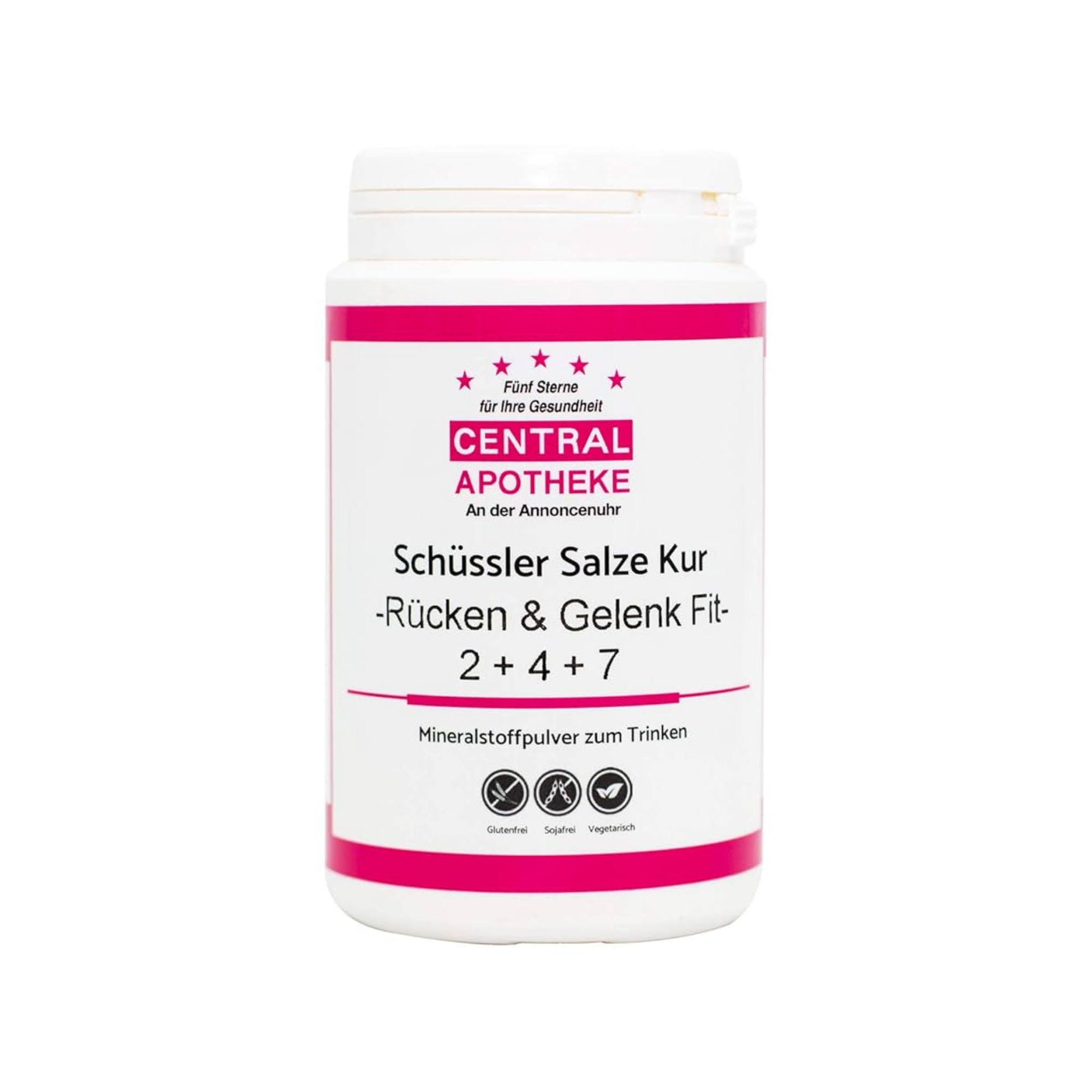 White container labeled 'Central Apotheke Schüssler Salze Kur' with pink accents.