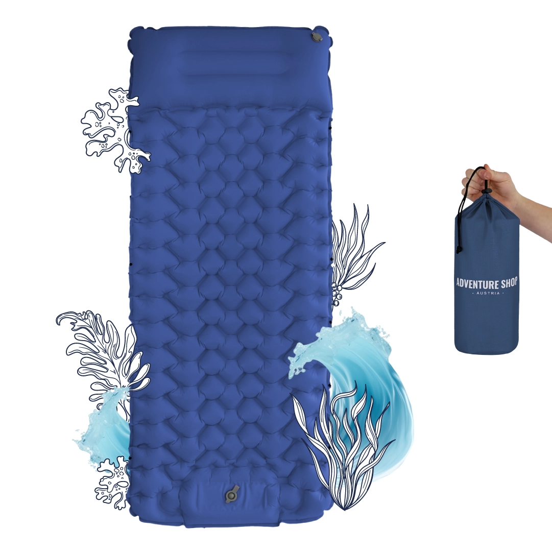 Blue inflatable sleeping pad with carrying bag, surrounded by illustrated waves and seaweed.