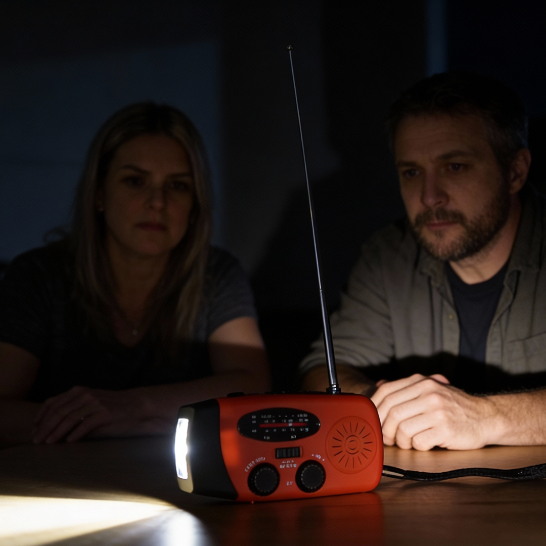 A man and a woman sit in a dark room listening to a red emergency radio with a flashlight.