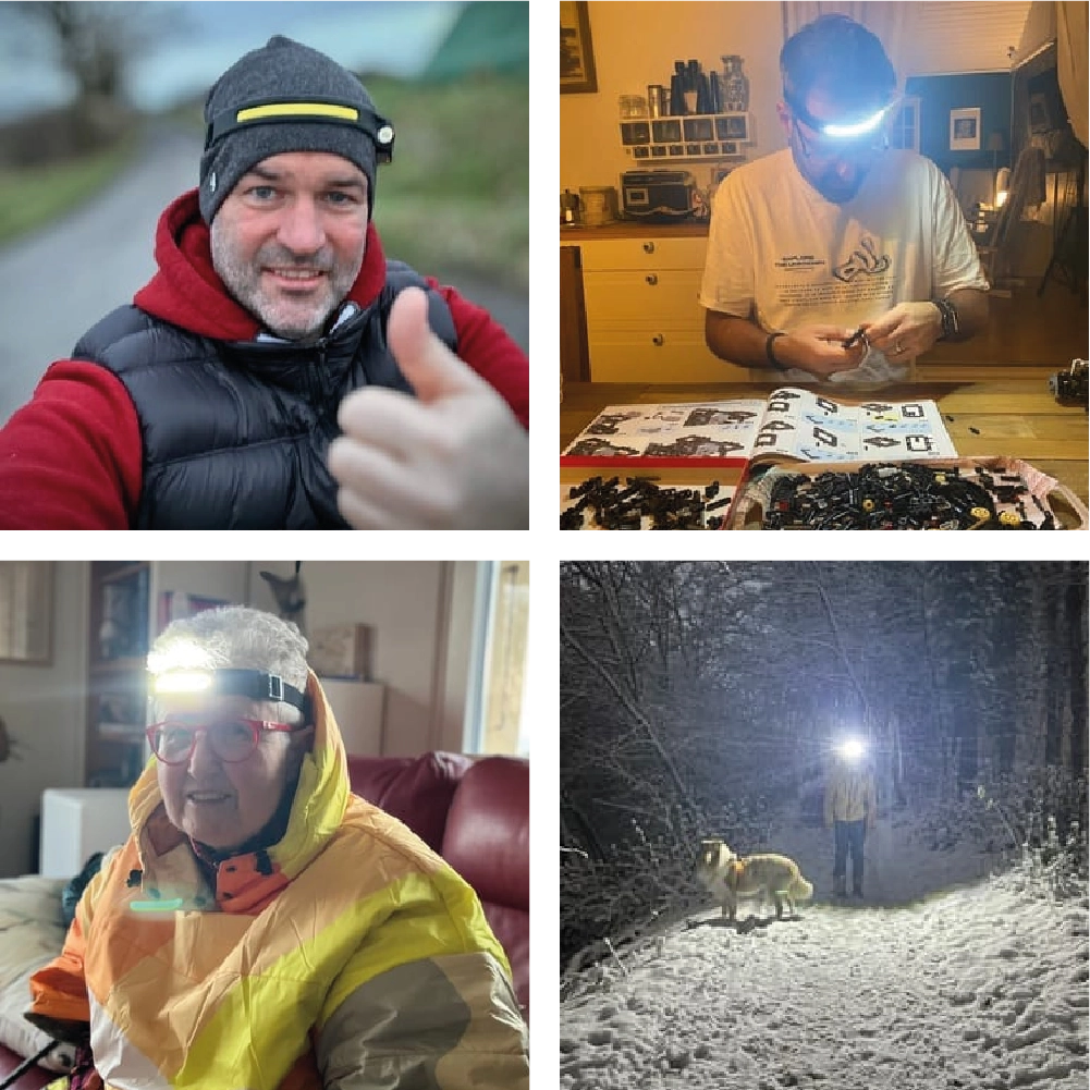 Four images: people wearing headlights; indoor activities and snowy outdoor walk with a dog.