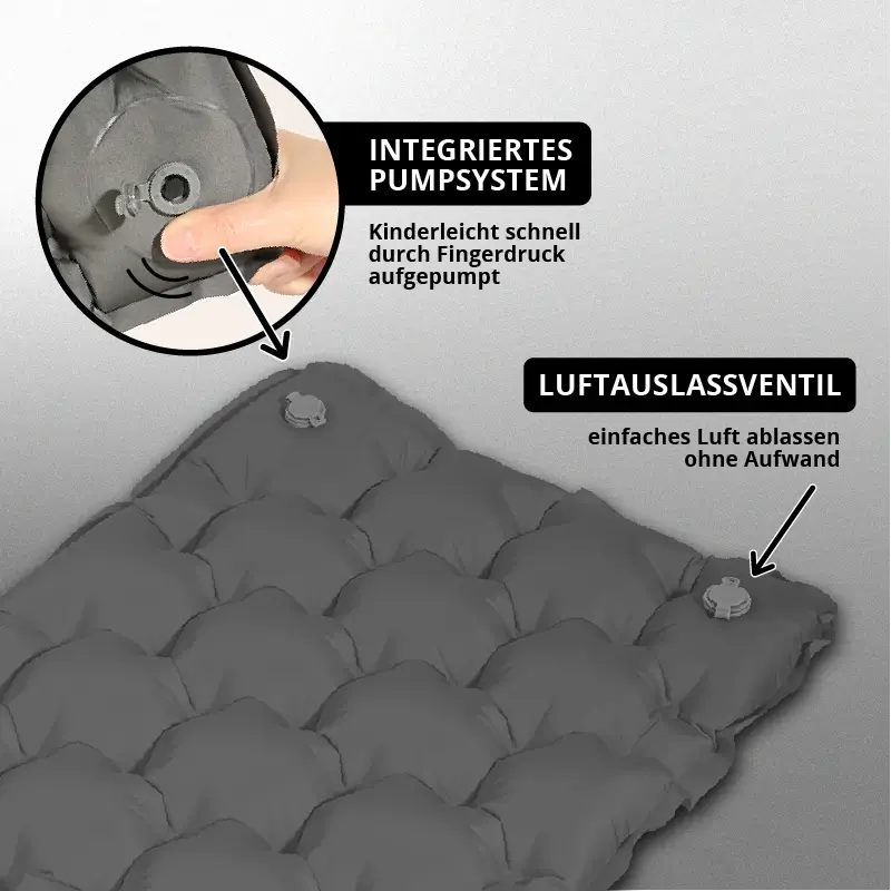 Inflatable mattress with integrated pump system and air release valve, labeled in German.
