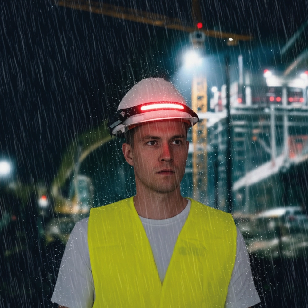 Person in a yellow vest and hard hat standing in rain at night construction site.