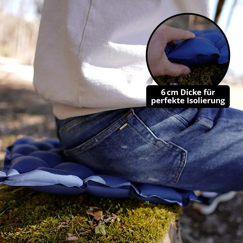 Person sitting on a blue cushion outdoors, with text about insulation thickness.
