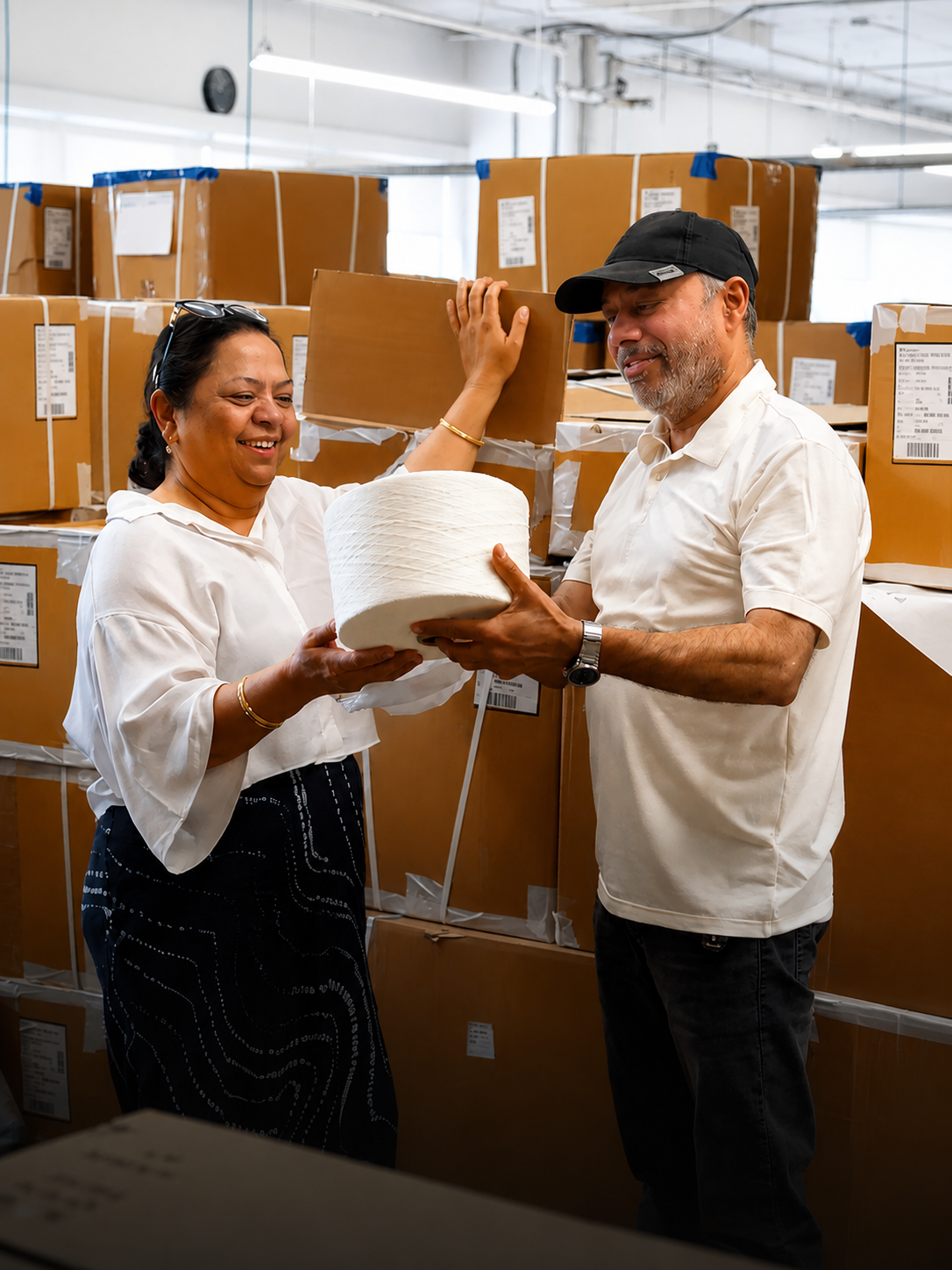 A man and a woman in a warehouse hold a large spool of white thread together.