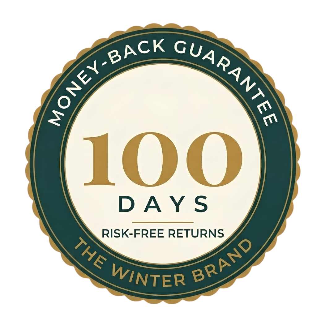 A circular seal for The Winter Brand, advertising a 100-day money-back guarantee with risk-free returns.