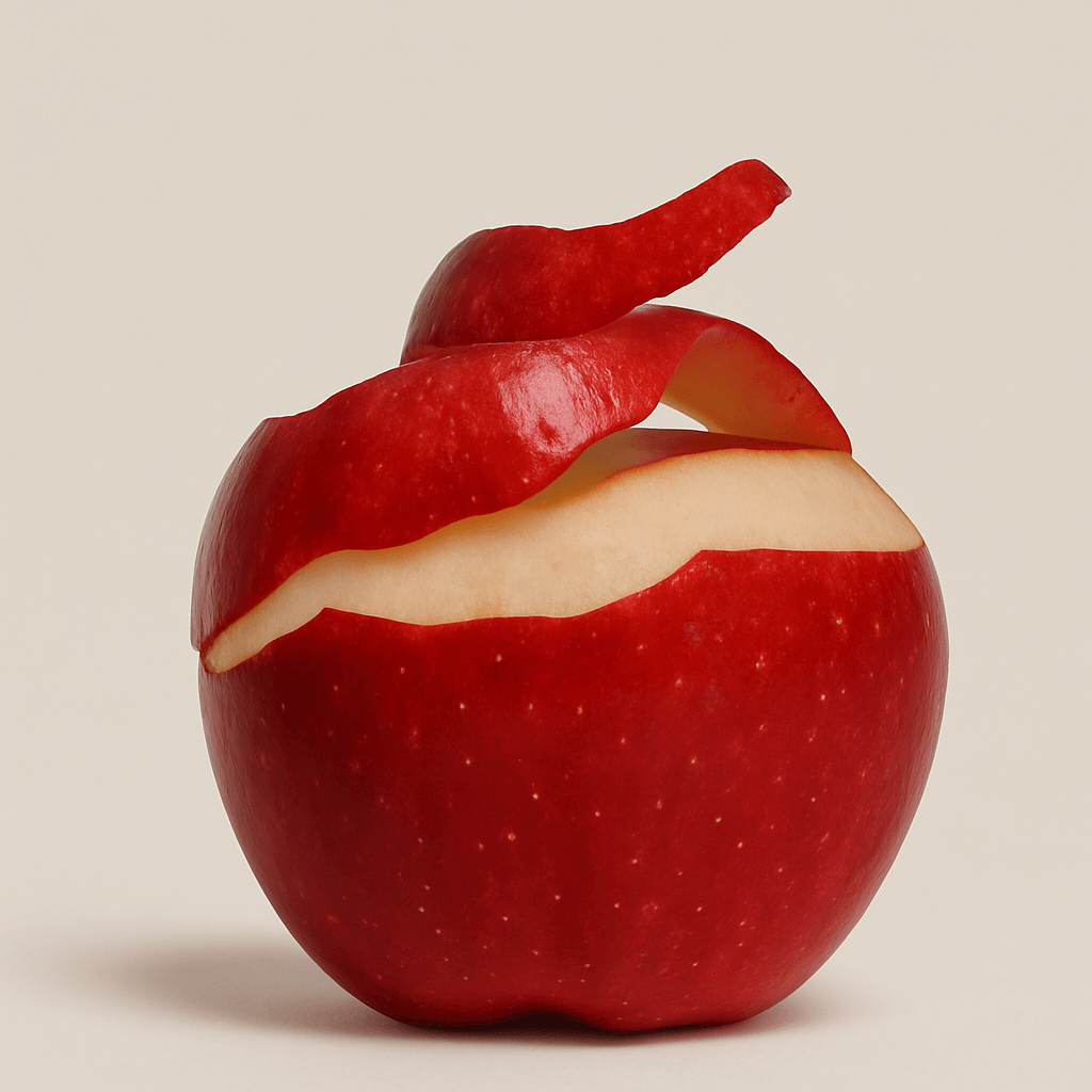 Partially peeled red apple on a neutral background.