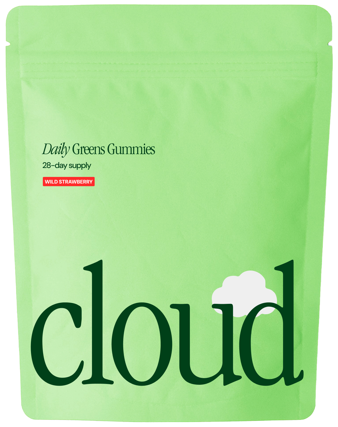 Green pouch labeled 'Daily Greens Gummies' with 'cloud' text.