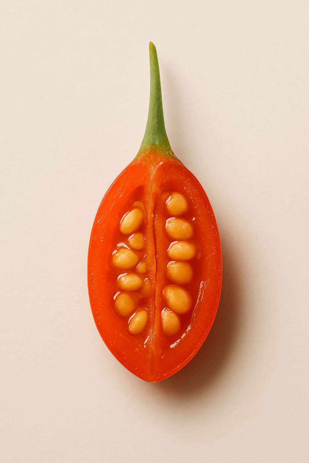 Halved cherry tomato with visible seeds on a light background.