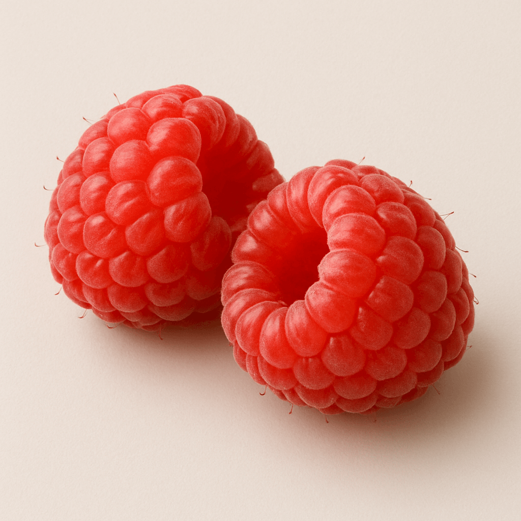 Two ripe red raspberries on a light background.