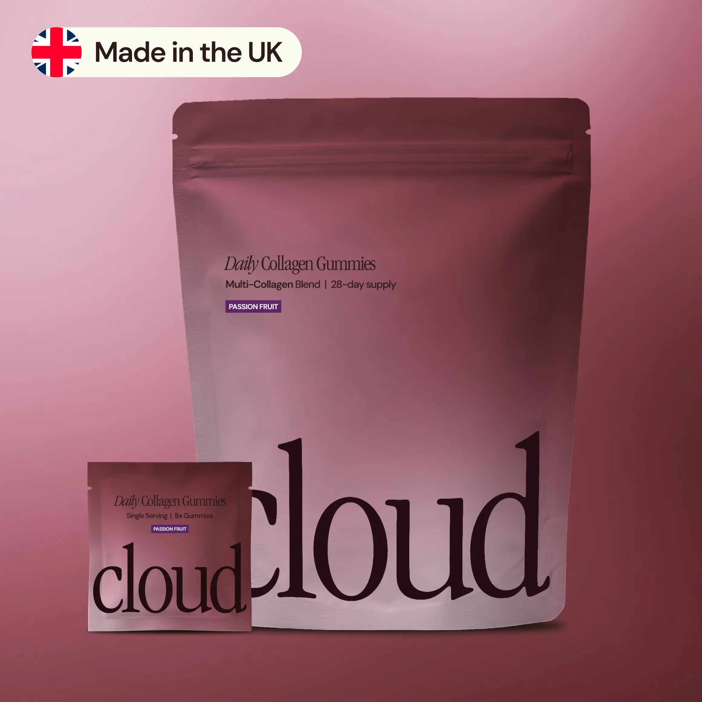 A large pouch and a small sachet of Cloud Daily Collagen Gummies against a mauve background.