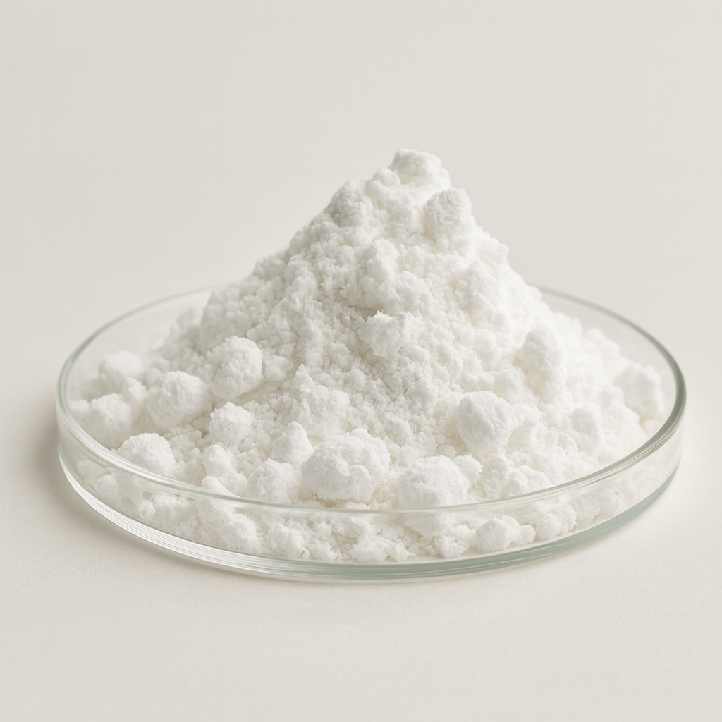 A pile of white powder in a clear glass dish.