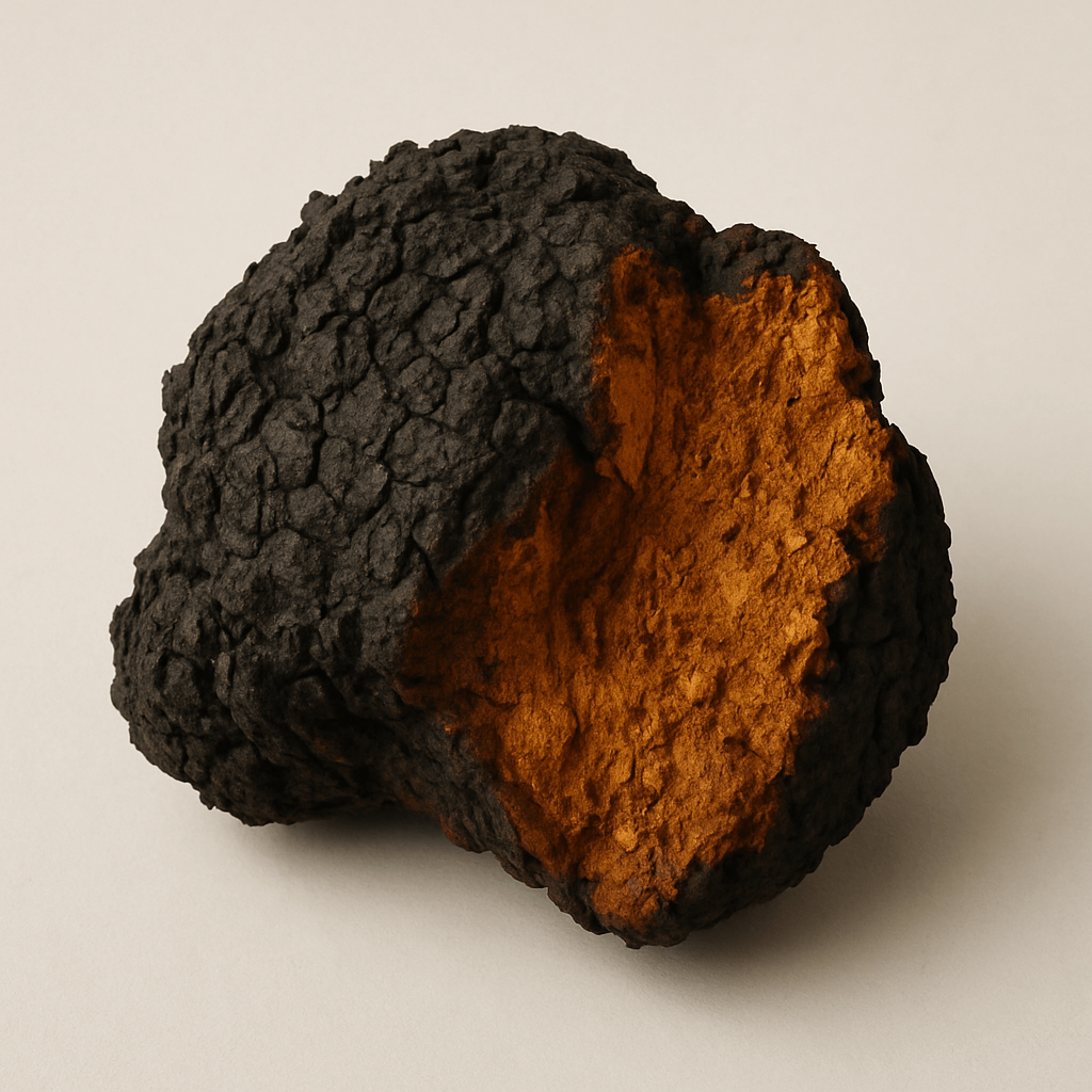 Irregularly shaped black object with a textured surface and a rust-colored interior.