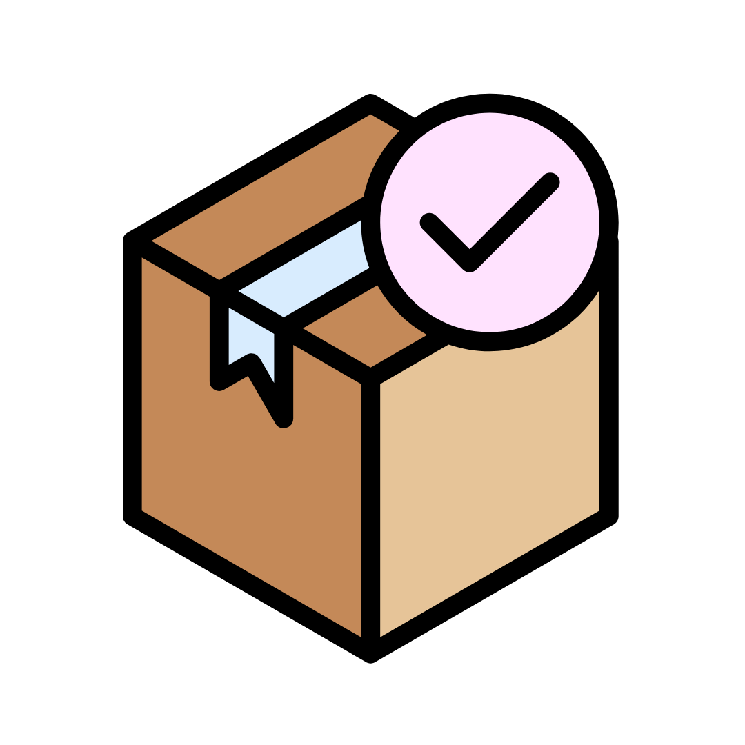 A graphic icon of a sealed cardboard box with a circular checkmark on top.