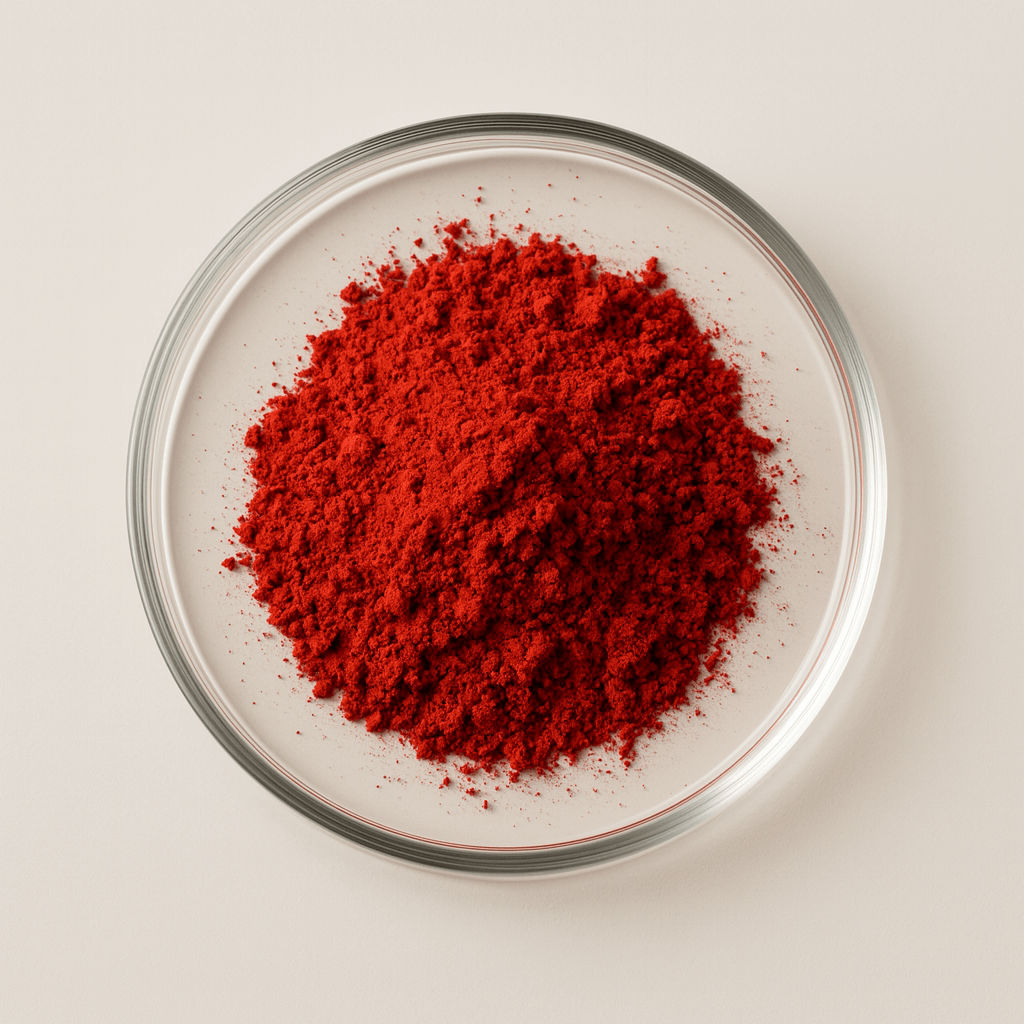A pile of red powder in a clear glass dish.