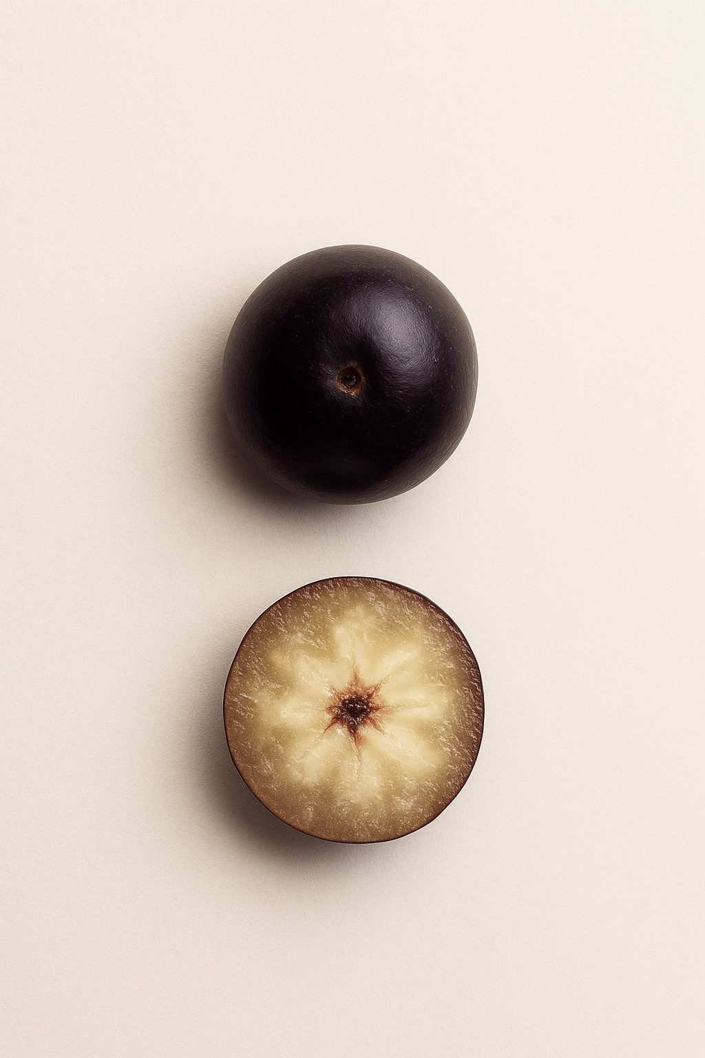 Whole grape and its halved counterpart against a light background.