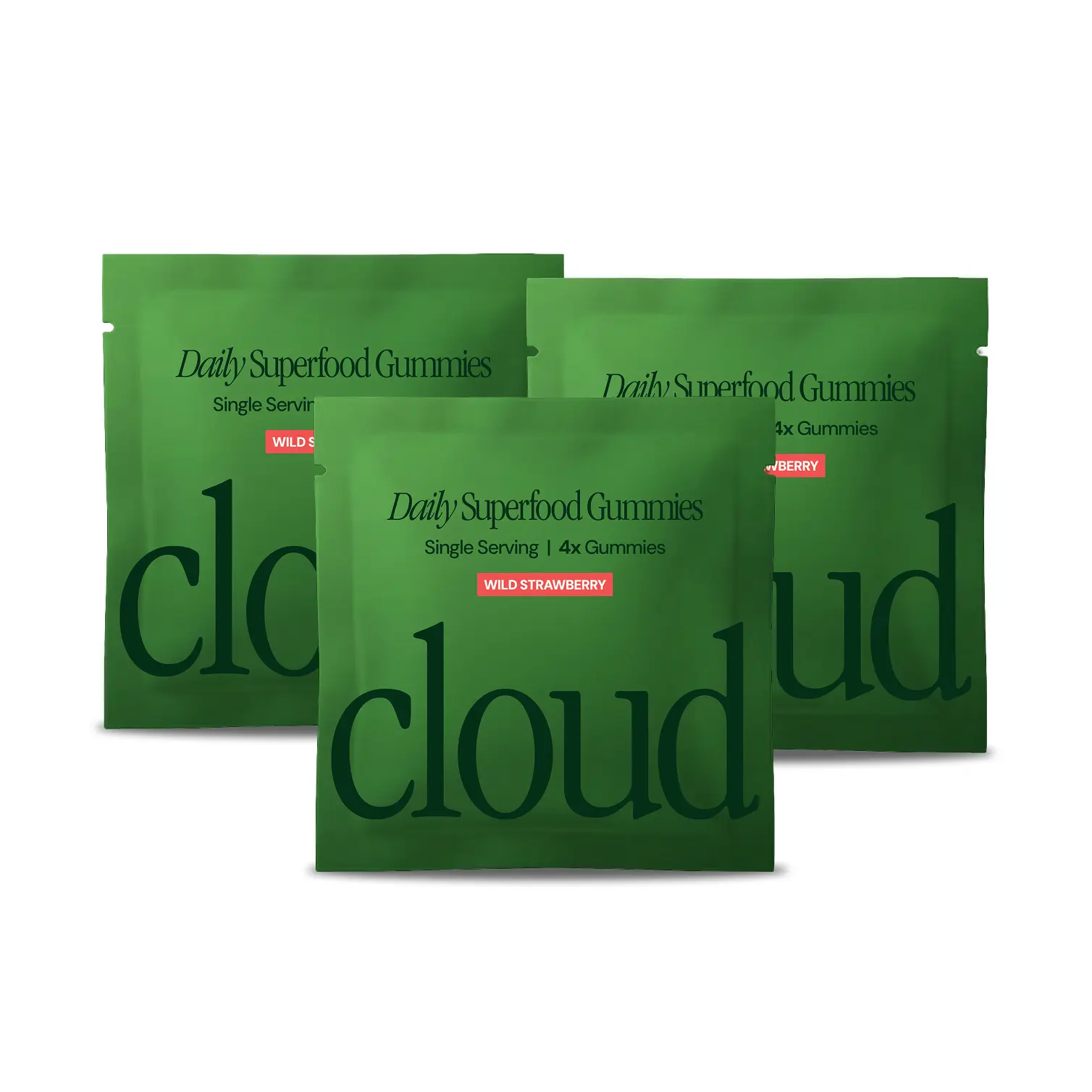 Three green packets of Cloud Daily Superfood Gummies in Wild Strawberry flavor against a white background.