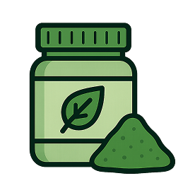 Illustration of a green supplement jar with a leaf and a pile of powder.