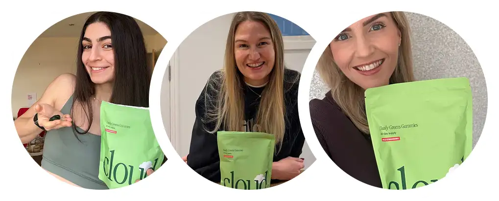 A collage of three smiling women, each holding a green pouch of 'Daily Greens Gummies'.