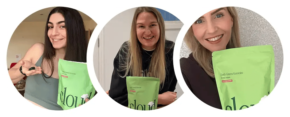 Three Cloud customers holding their Daily Greens Gummies