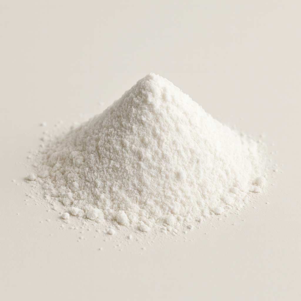 A mound of fine white powder on a neutral background.