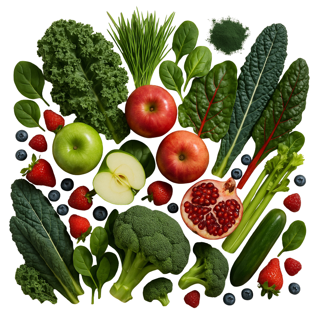 Assorted fruits and vegetables including apples, kale, spinach, pomegranate, celery, broccoli, and berries.