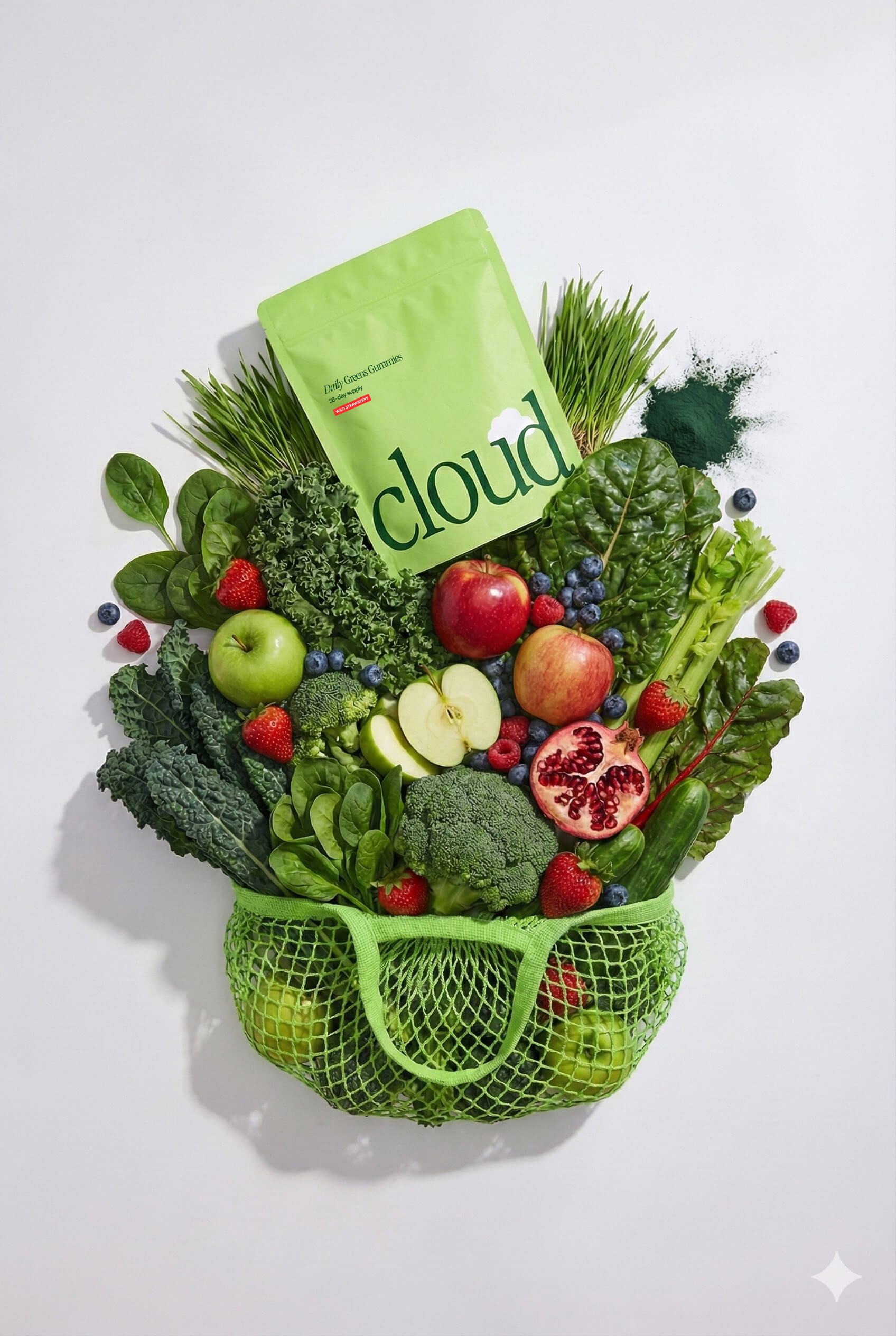 Green bag filled with assorted fruits and vegetables, topped with a 'Daily Greens' package.