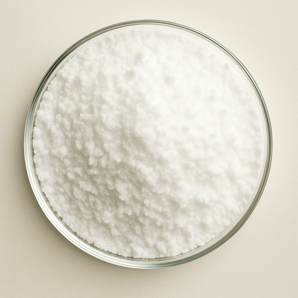 A glass bowl filled with granular white powder on a light background.