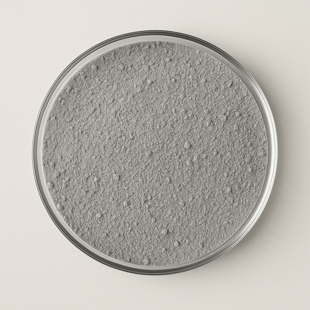 Gray powder in a circular dish on a light surface.