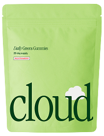 Green package labeled 'cloud' with text 'Daily Greens Gummies'.