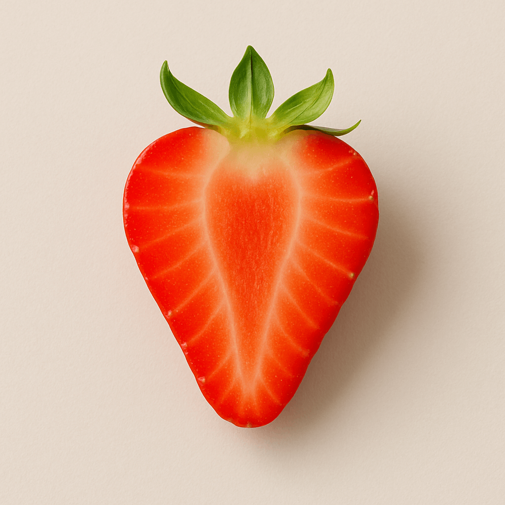 Sliced strawberry with green leaves on beige background.