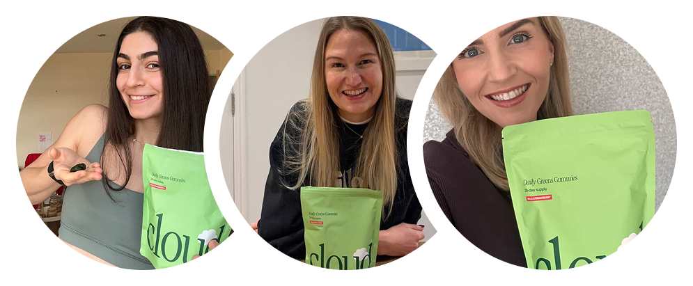 A collage of three smiling women in circular frames, each holding a pouch of Daily Greens Gummies.