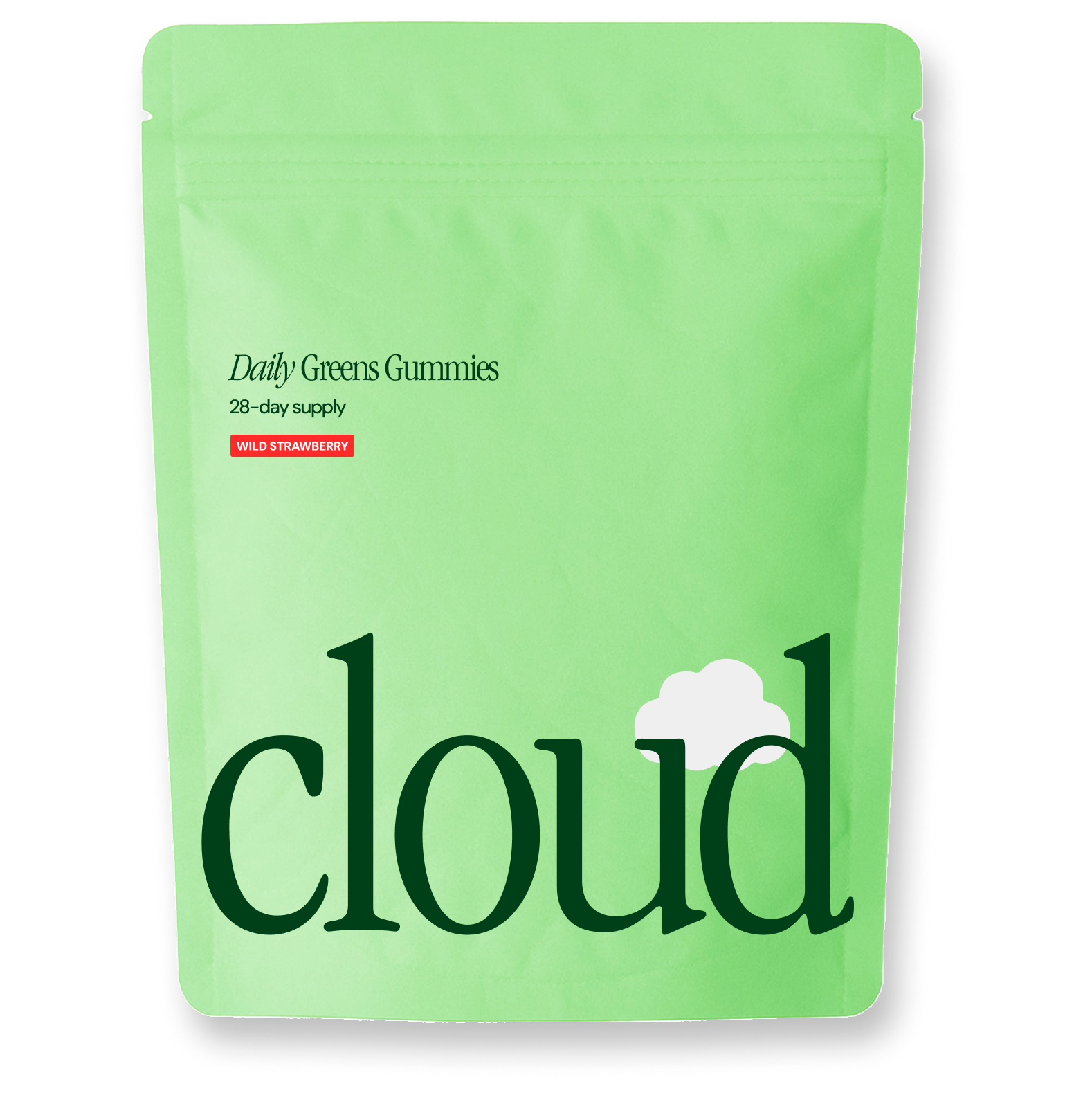 Green pouch labeled 'cloud' with Daily Greens Gummies, 28-day supply.