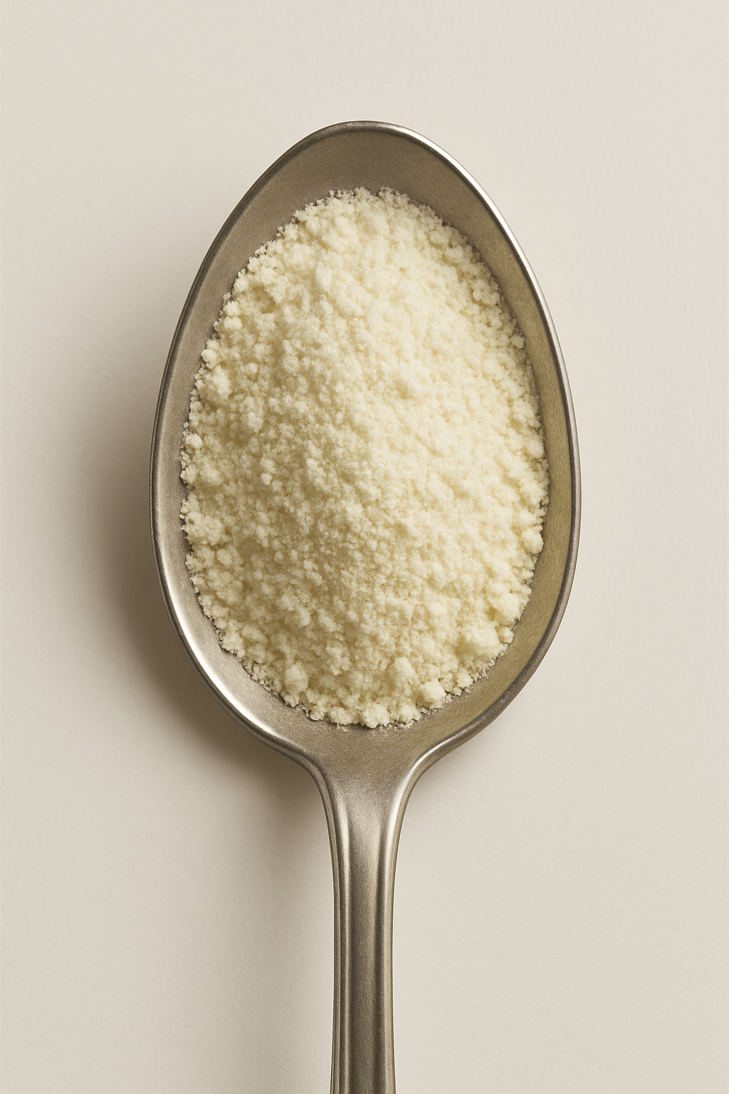Metal spoon filled with fine, beige powder.