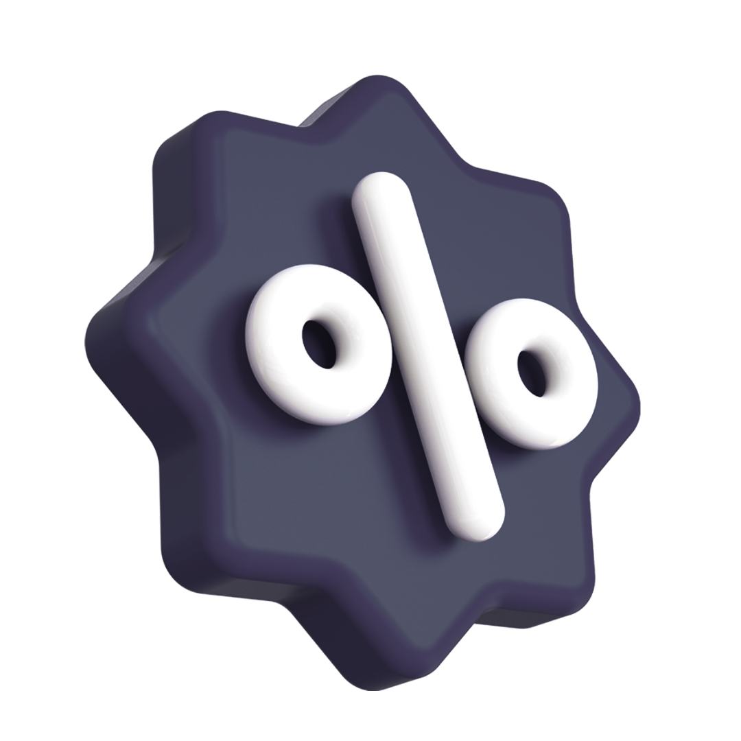 A 3D icon of a white percentage sign on a dark purple starburst-shaped badge.